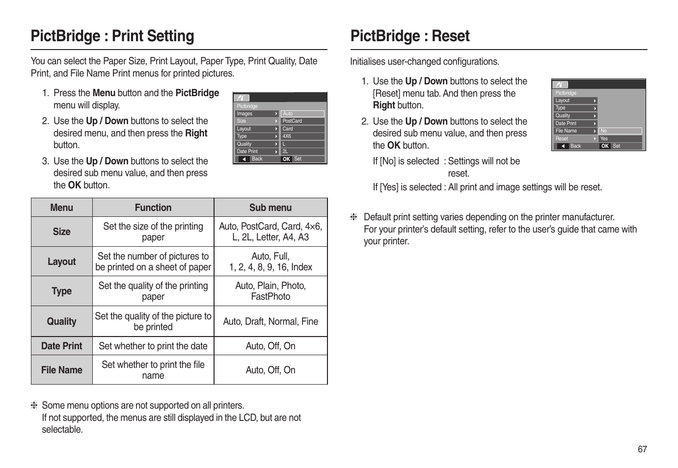 Pictbridge : print setting, Pictbridge : reset | Samsung EC-L100ZSBA-US User Manual | Page 68 / 102