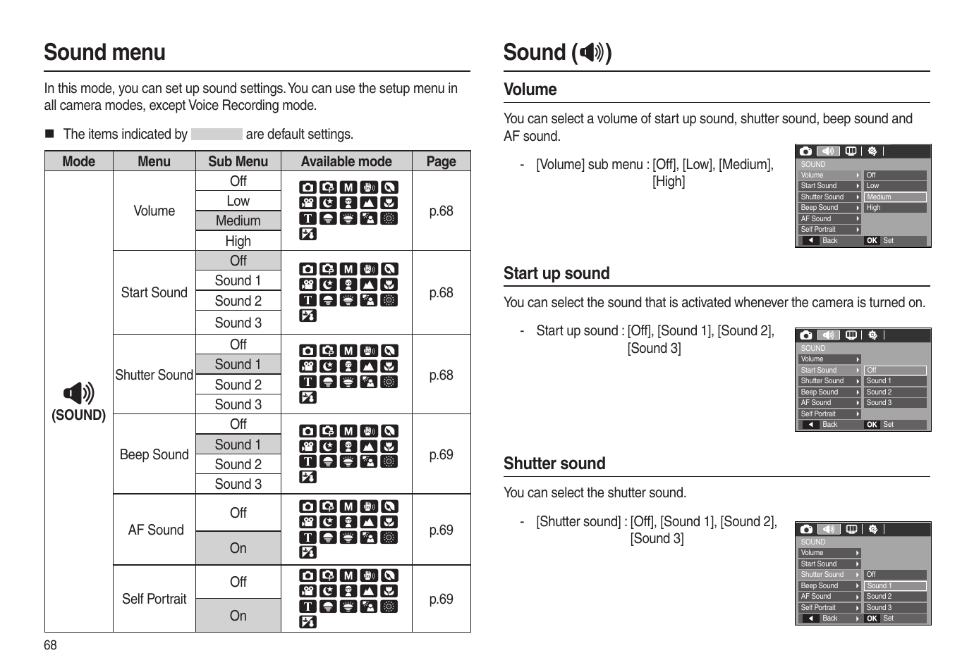 Sound (  ), Sound menu, Volume | Start up sound, Shutter sound | Samsung EC-L100ZSBA-US User Manual | Page 69 / 102