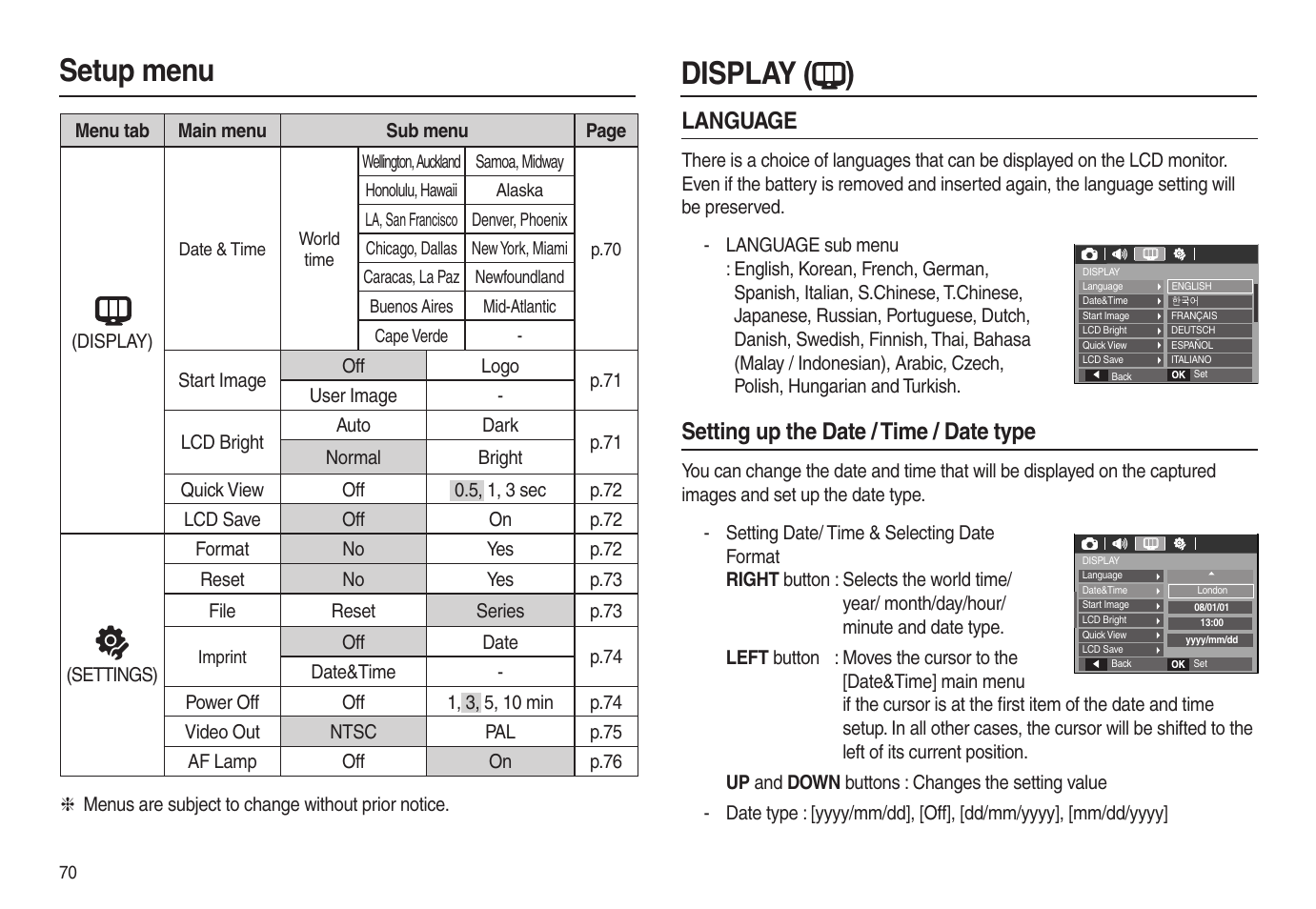 Setup menu, Display ( ), Language | Setting up the date / time / date type | Samsung EC-L100ZSBA-US User Manual | Page 71 / 102