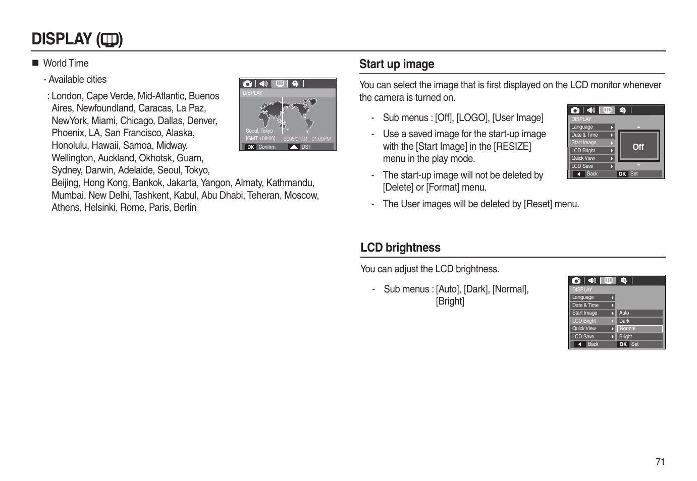 Display ( ), Start up image, Lcd brightness | Samsung EC-L100ZSBA-US User Manual | Page 72 / 102