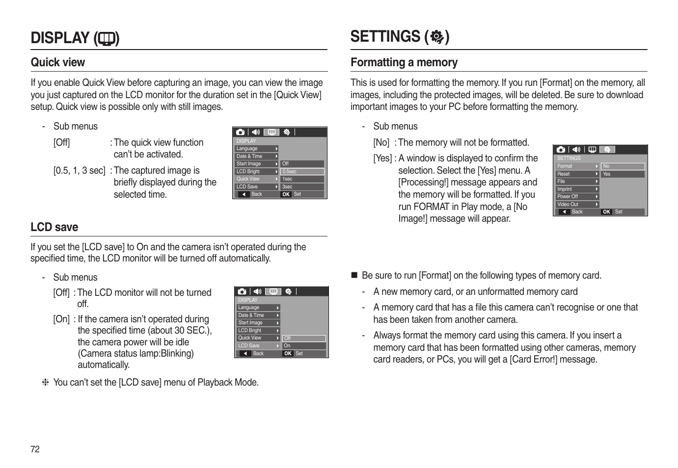 Settings (  ) display ( ), Quick view, Lcd save | Samsung EC-L100ZSBA-US User Manual | Page 73 / 102