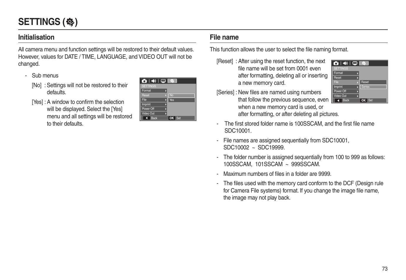 Settings (  ), Initialisation, File name | Samsung EC-L100ZSBA-US User Manual | Page 74 / 102