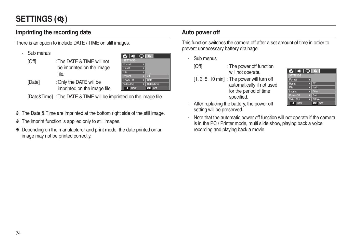 Settings (  ), Auto power off, Imprinting the recording date | Samsung EC-L100ZSBA-US User Manual | Page 75 / 102