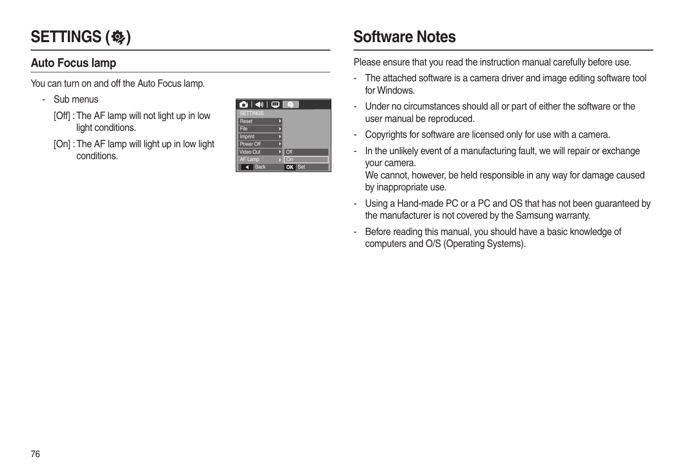 Settings (  ), Auto focus lamp | Samsung EC-L100ZSBA-US User Manual | Page 77 / 102