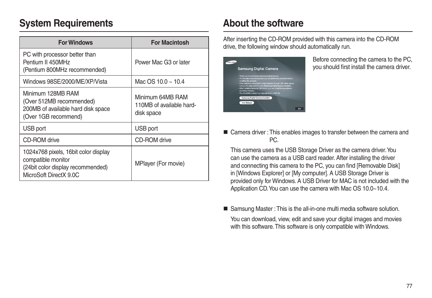 System requirements, About the software | Samsung EC-L100ZSBA-US User Manual | Page 78 / 102