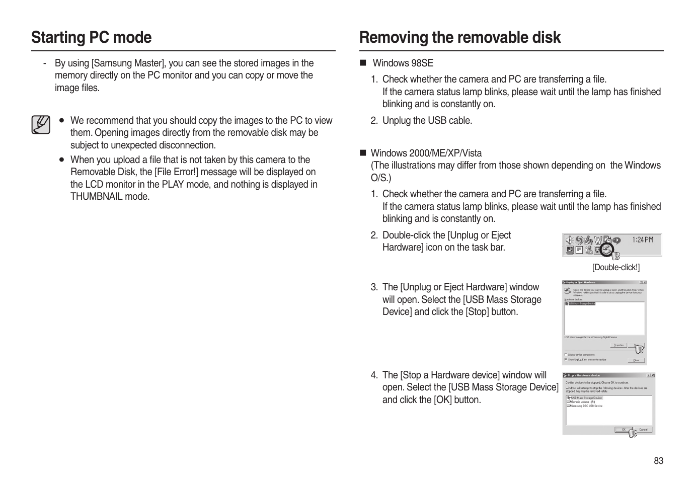 Removing the removable disk starting pc mode | Samsung EC-L100ZSBA-US User Manual | Page 84 / 102