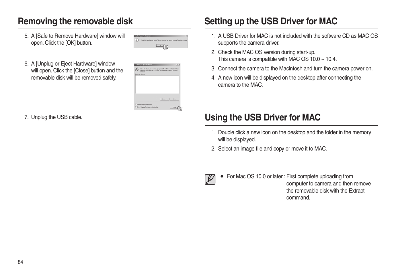 Setting up the usb driver for mac, Using the usb driver for mac, Removing the removable disk | Samsung EC-L100ZSBA-US User Manual | Page 85 / 102