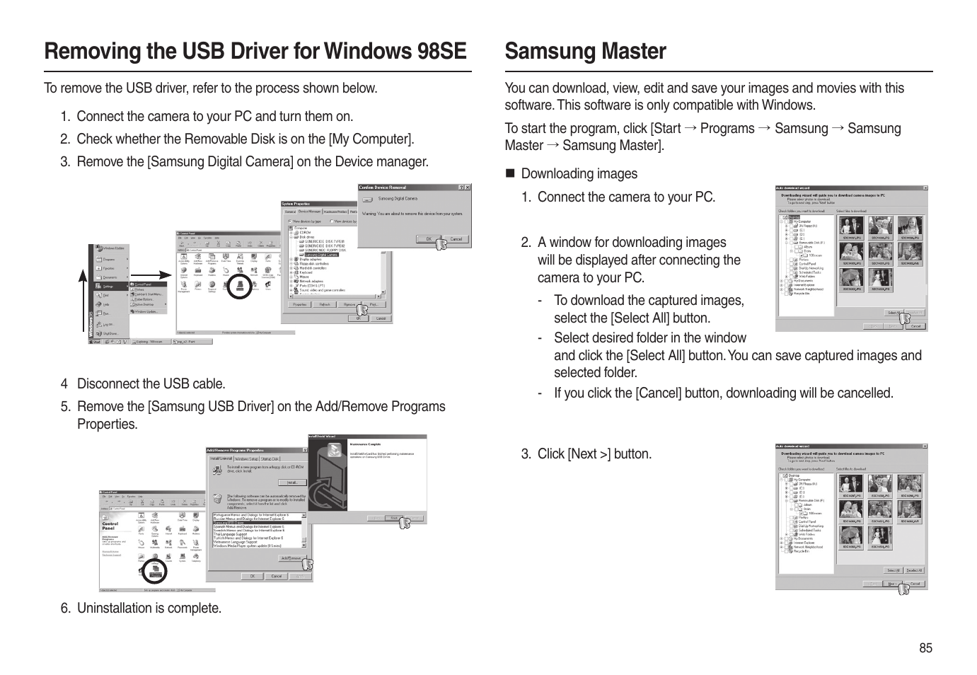 Removing the usb driver for windows 98se, Samsung master | Samsung EC-L100ZSBA-US User Manual | Page 86 / 102