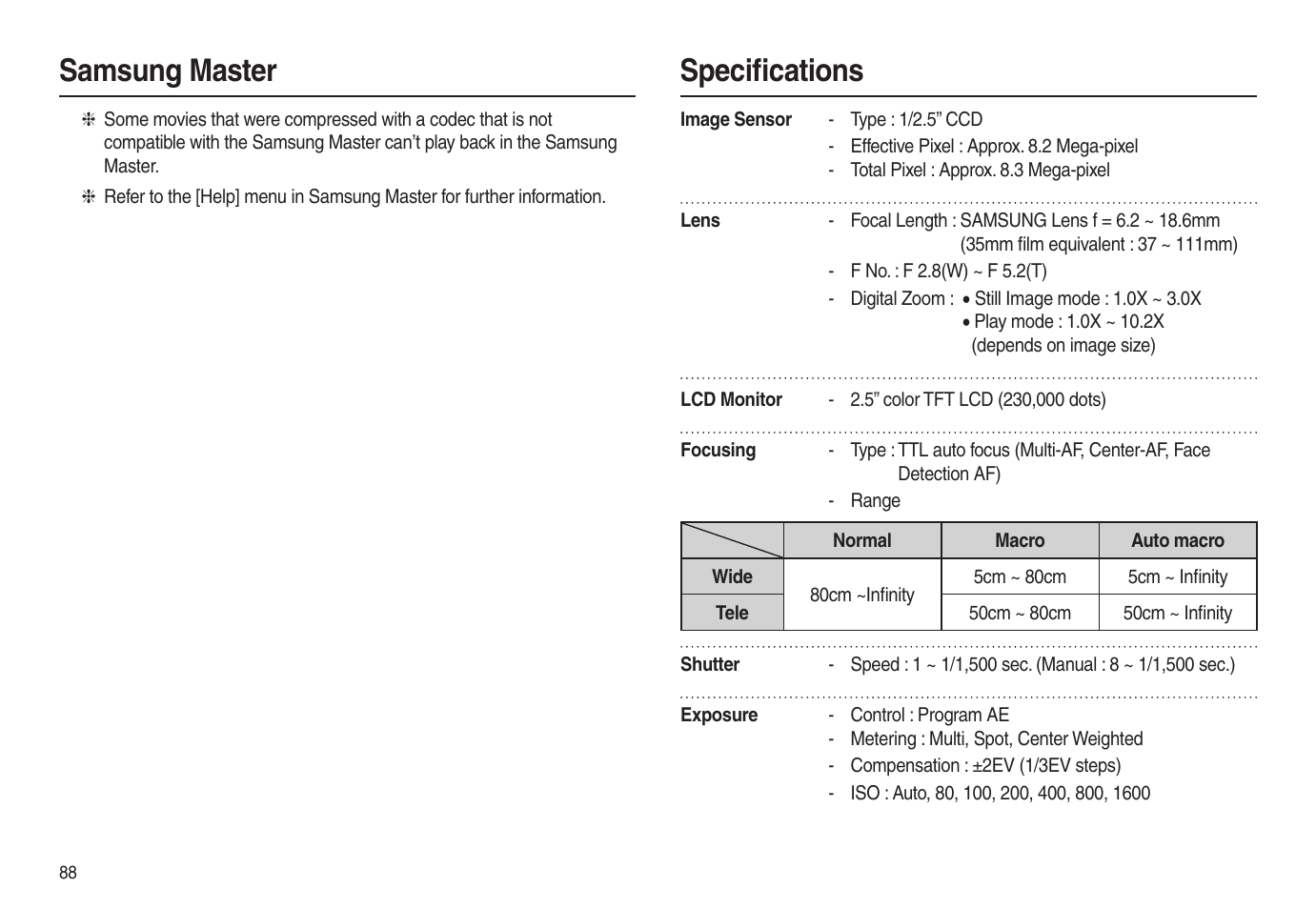 Speciﬁ cations, Samsung master | Samsung EC-L100ZSBA-US User Manual | Page 89 / 102