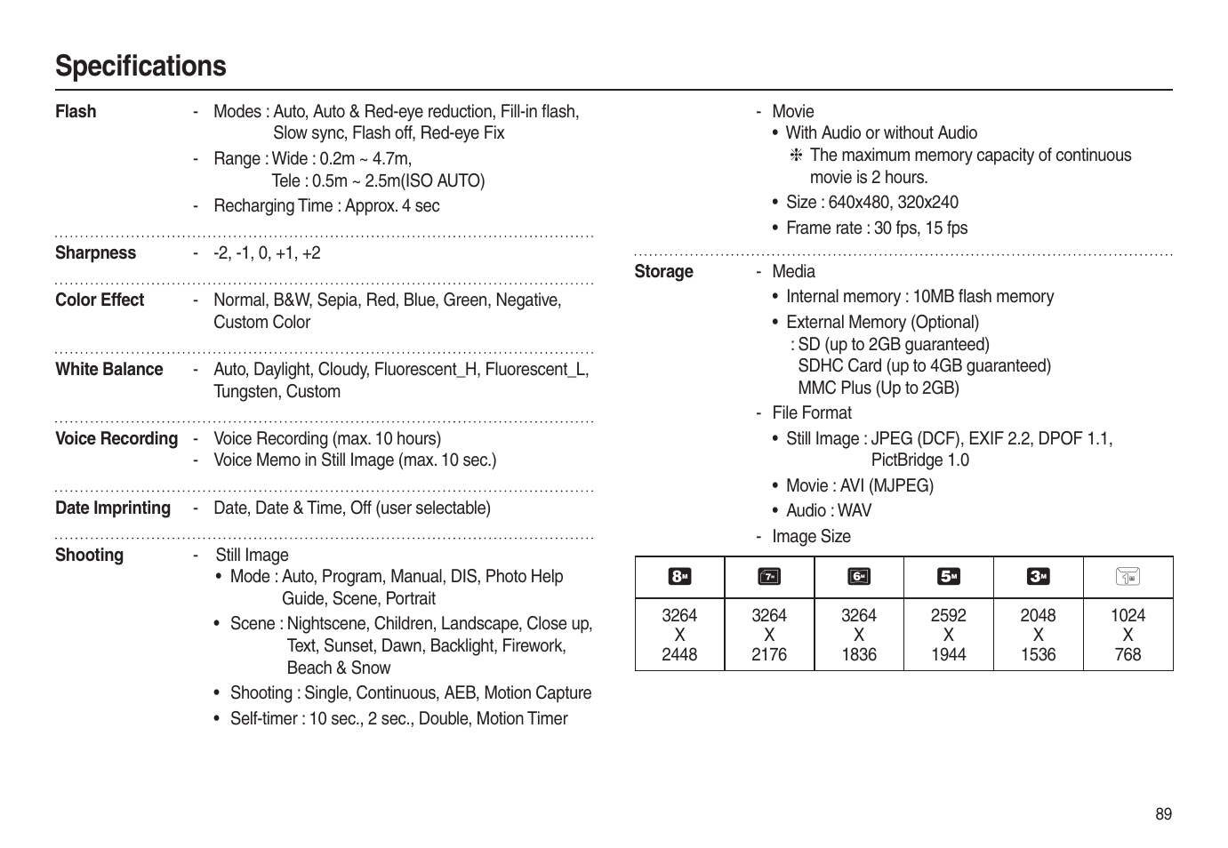 Speciﬁ cations | Samsung EC-L100ZSBA-US User Manual | Page 90 / 102