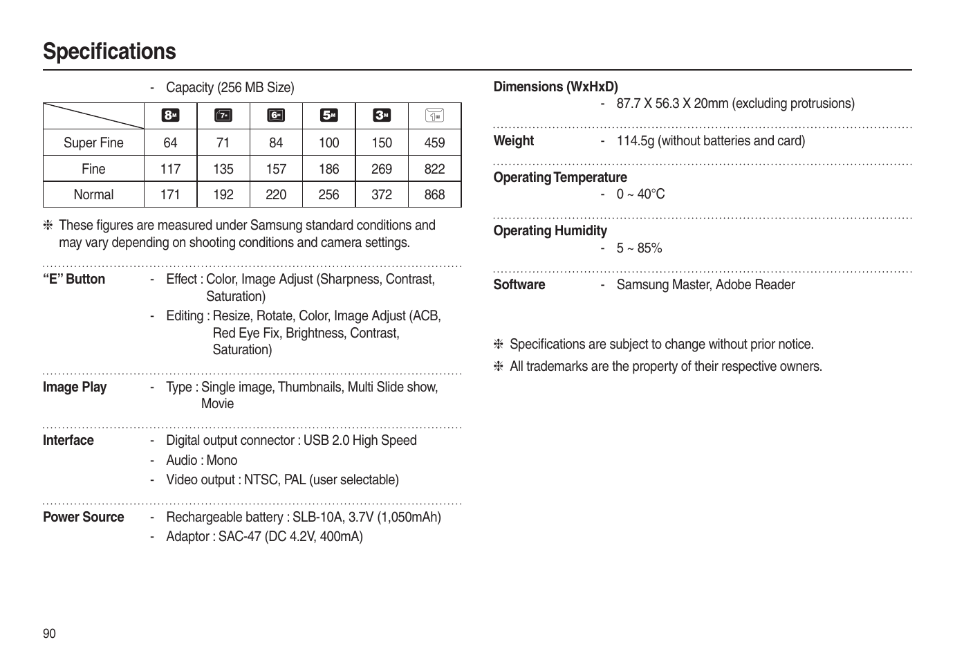 Speciﬁ cations | Samsung EC-L100ZSBA-US User Manual | Page 91 / 102