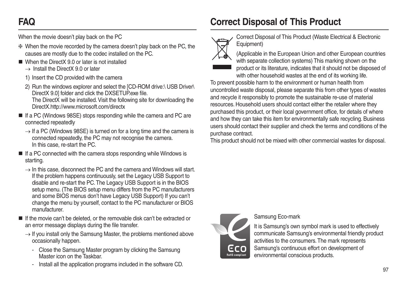 Faq correct disposal of, This product | Samsung EC-L100ZSBA-US User Manual | Page 98 / 102