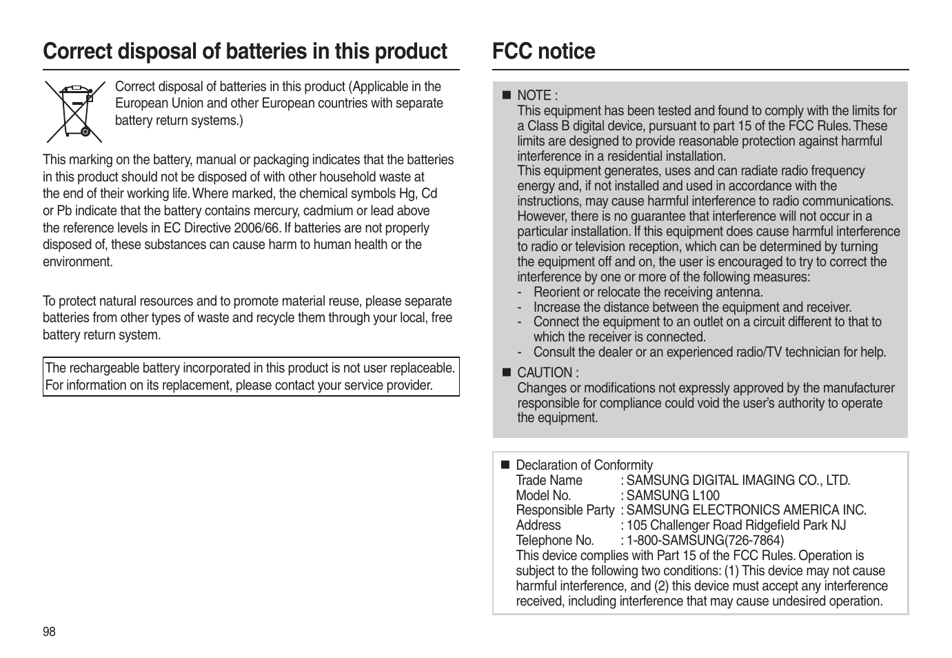 Fcc notice, Correct disposal of batteries in this product | Samsung EC-L100ZSBA-US User Manual | Page 99 / 102