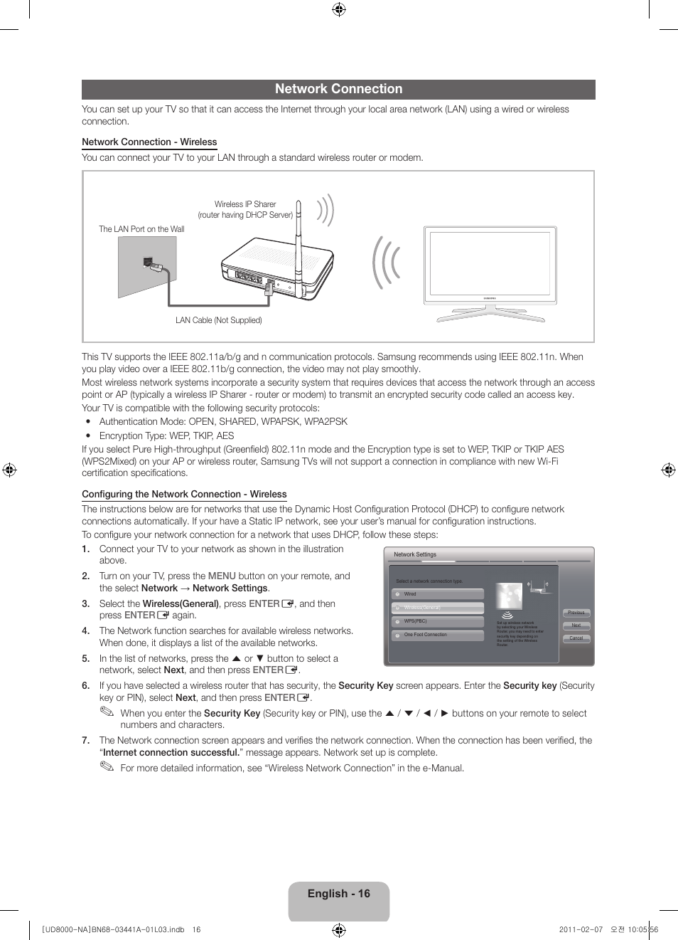 Network connection | Samsung UN55D8000YFXZA User Manual | Page 16 / 73