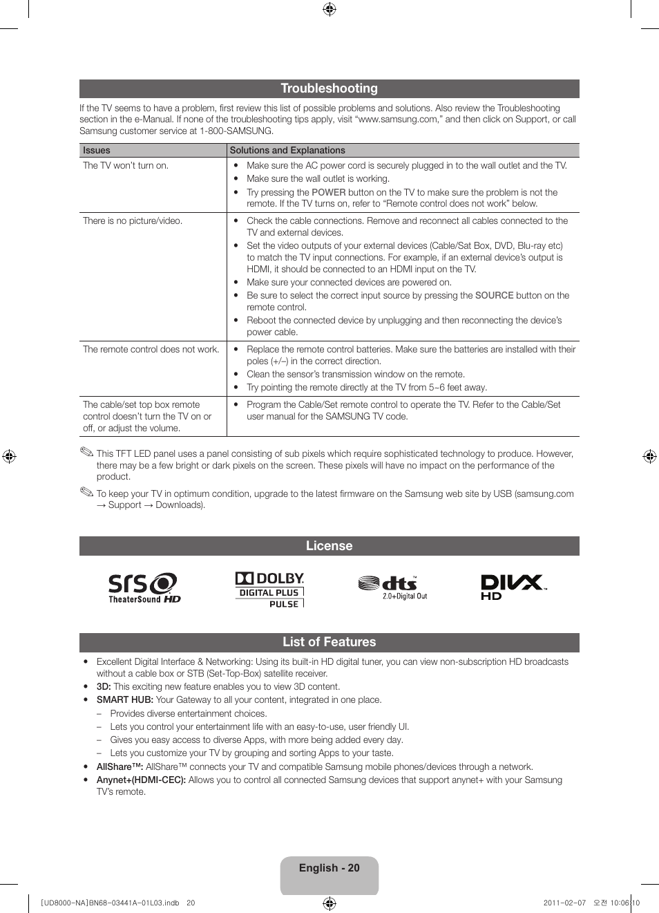 Troubleshooting, License list of features | Samsung UN55D8000YFXZA User Manual | Page 20 / 73