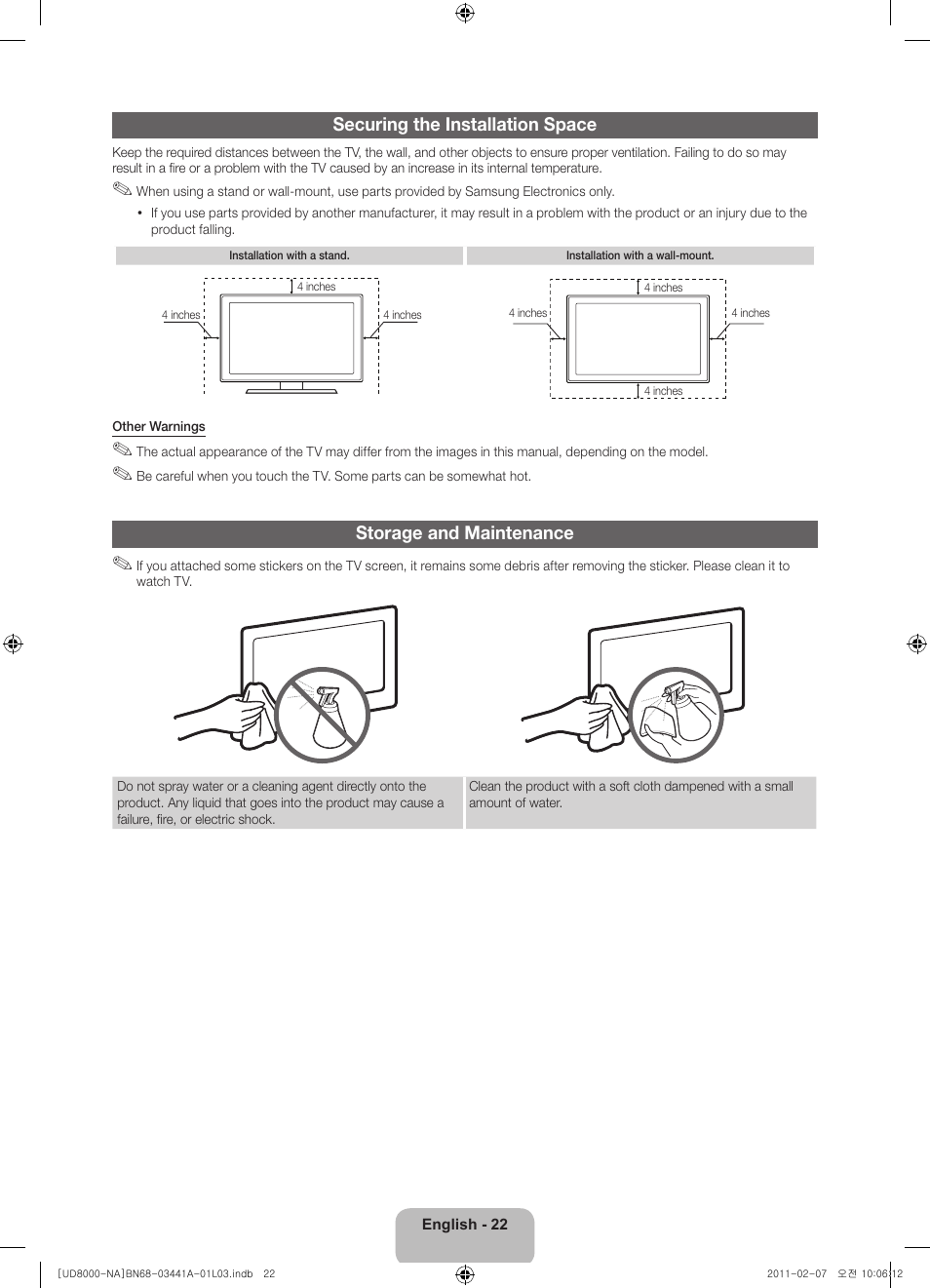 Securing the installation space, Storage and maintenance | Samsung UN55D8000YFXZA User Manual | Page 22 / 73