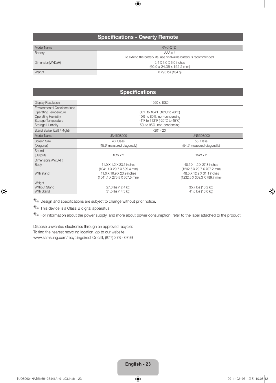 Specifications - qwerty remote, Specifications | Samsung UN55D8000YFXZA User Manual | Page 23 / 73