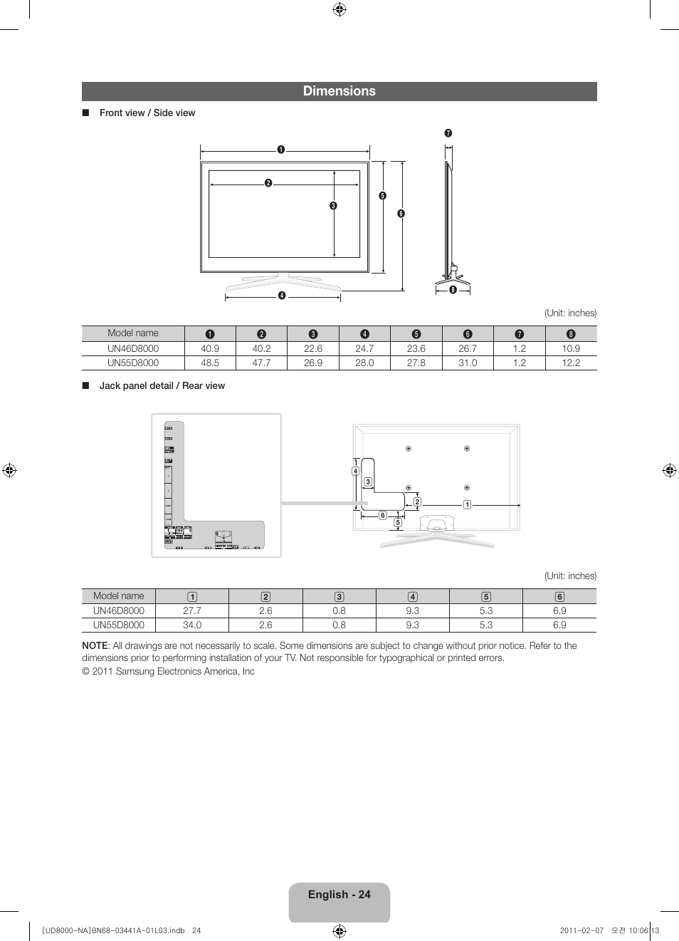 Dimensions | Samsung UN55D8000YFXZA User Manual | Page 24 / 73