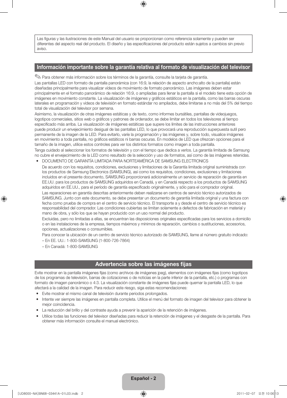 Advertencia sobre las imágenes fijas | Samsung UN55D8000YFXZA User Manual | Page 26 / 73