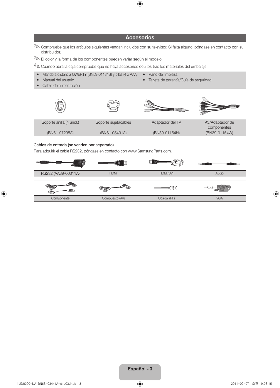 Accesorios | Samsung UN55D8000YFXZA User Manual | Page 27 / 73