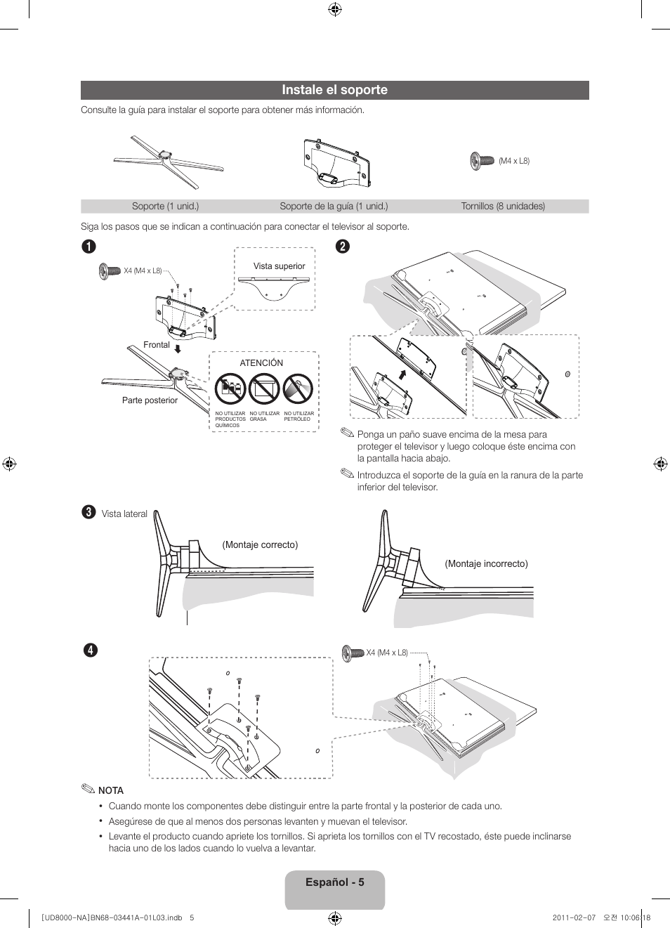 Instale el soporte | Samsung UN55D8000YFXZA User Manual | Page 29 / 73