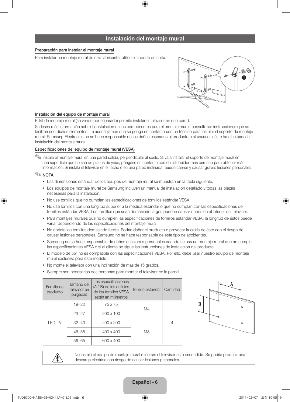 Instalación del montaje mural | Samsung UN55D8000YFXZA User Manual | Page 30 / 73