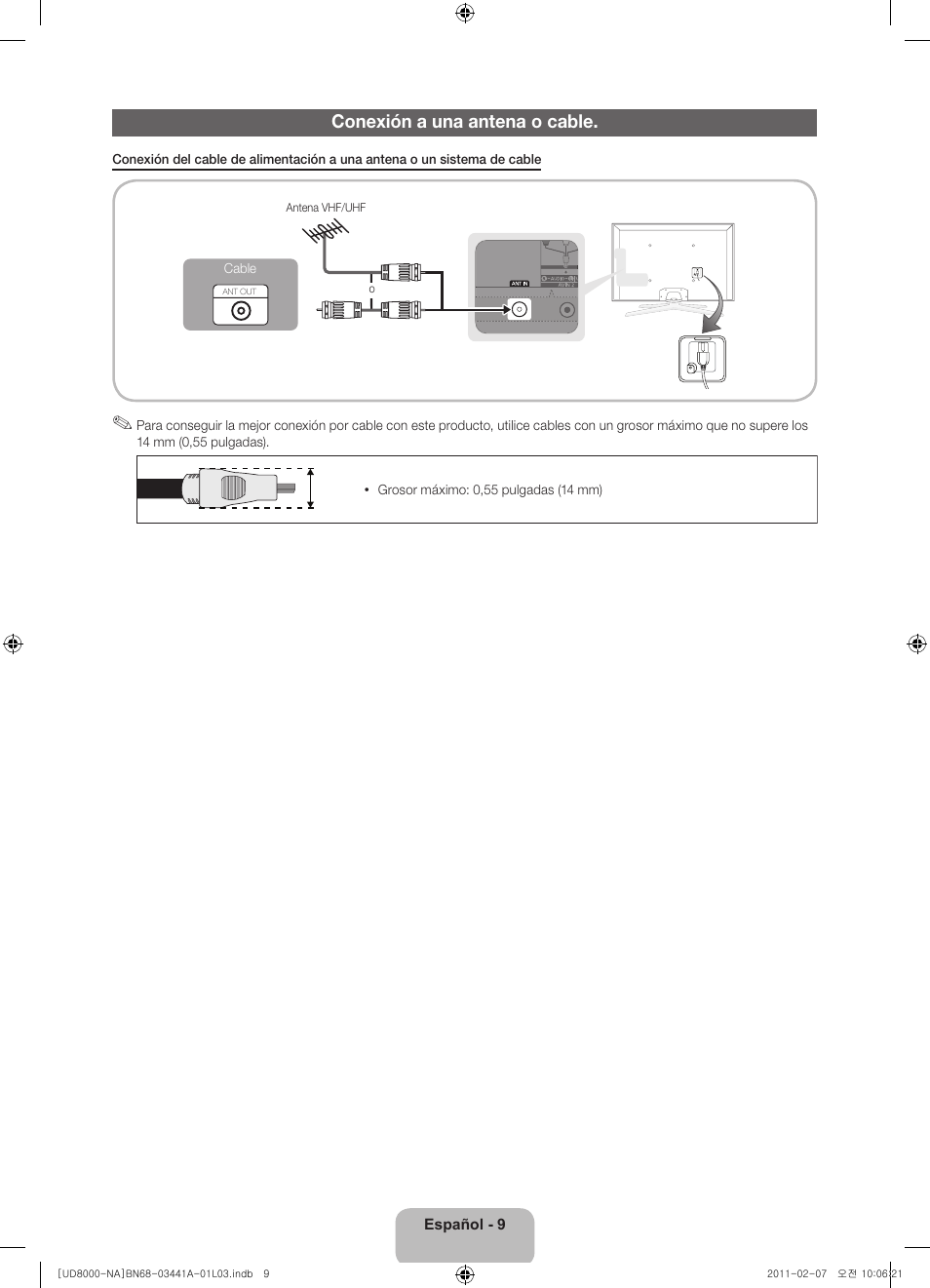 Conexión a una antena o cable | Samsung UN55D8000YFXZA User Manual | Page 33 / 73