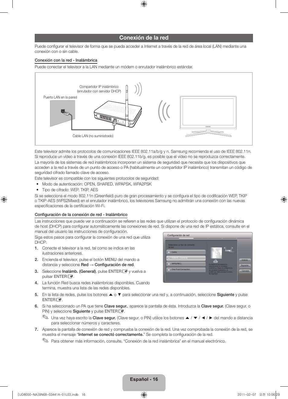 Conexión de la red | Samsung UN55D8000YFXZA User Manual | Page 40 / 73