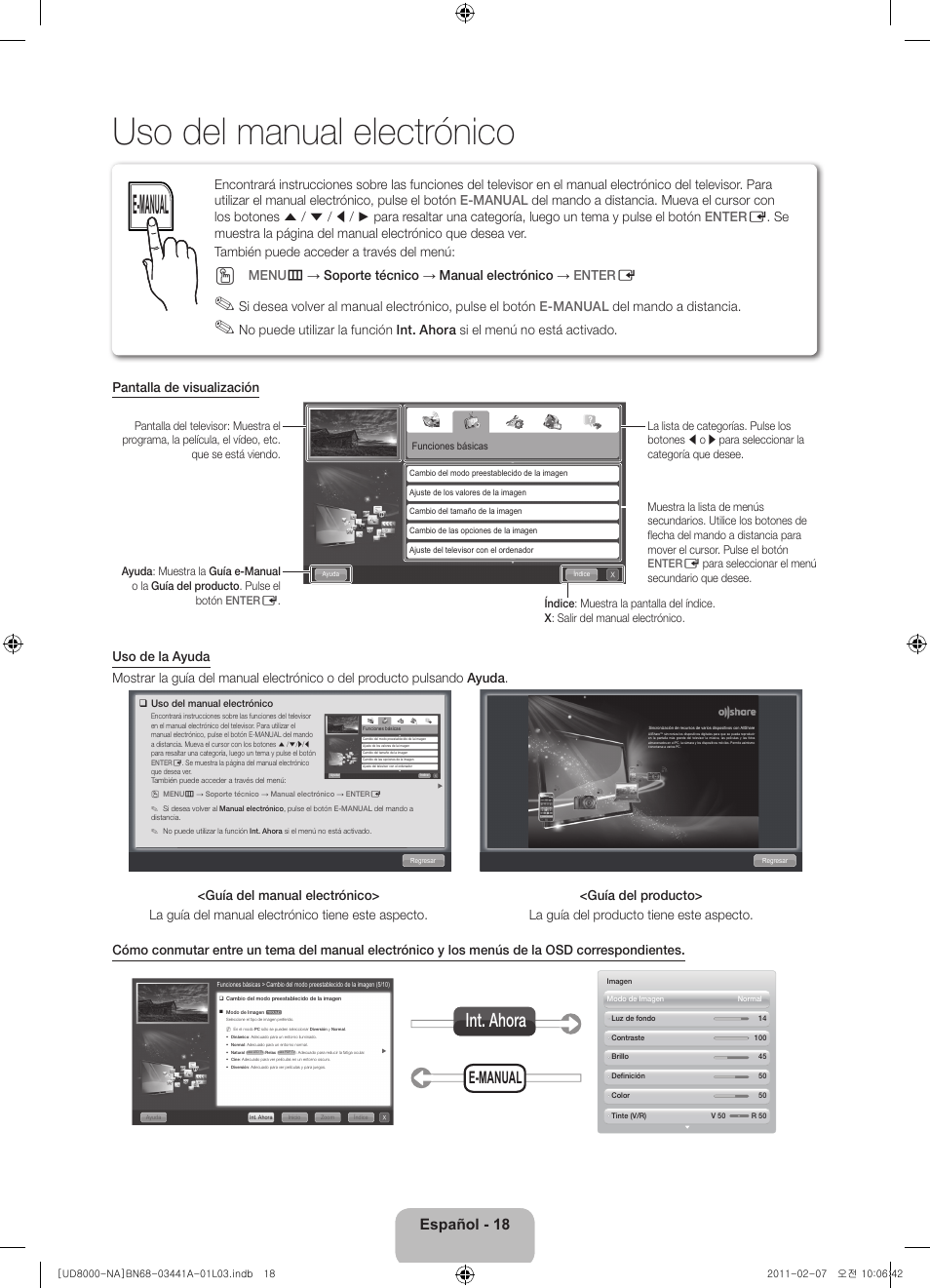 Uso del manual electrónico, Int. ahora, E-manual | Español - 18 | Samsung UN55D8000YFXZA User Manual | Page 42 / 73