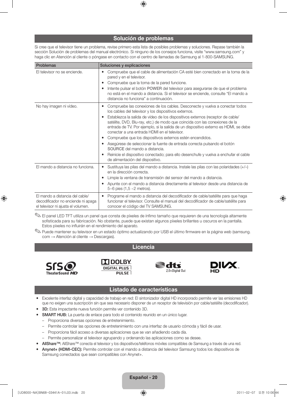 Solución de problemas, Licencia listado de características | Samsung UN55D8000YFXZA User Manual | Page 44 / 73