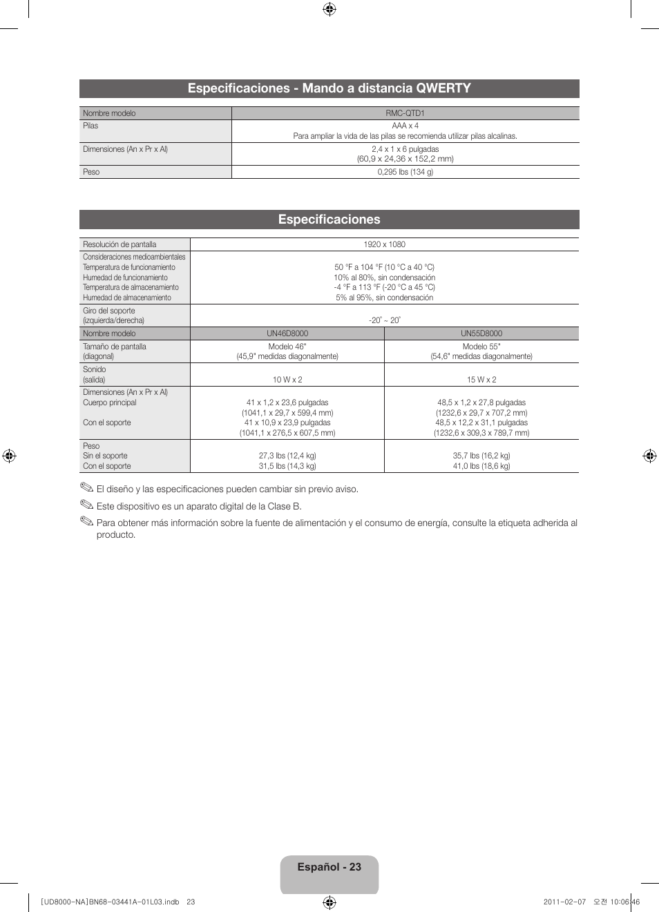 Especificaciones - mando a distancia qwerty, Especificaciones | Samsung UN55D8000YFXZA User Manual | Page 47 / 73