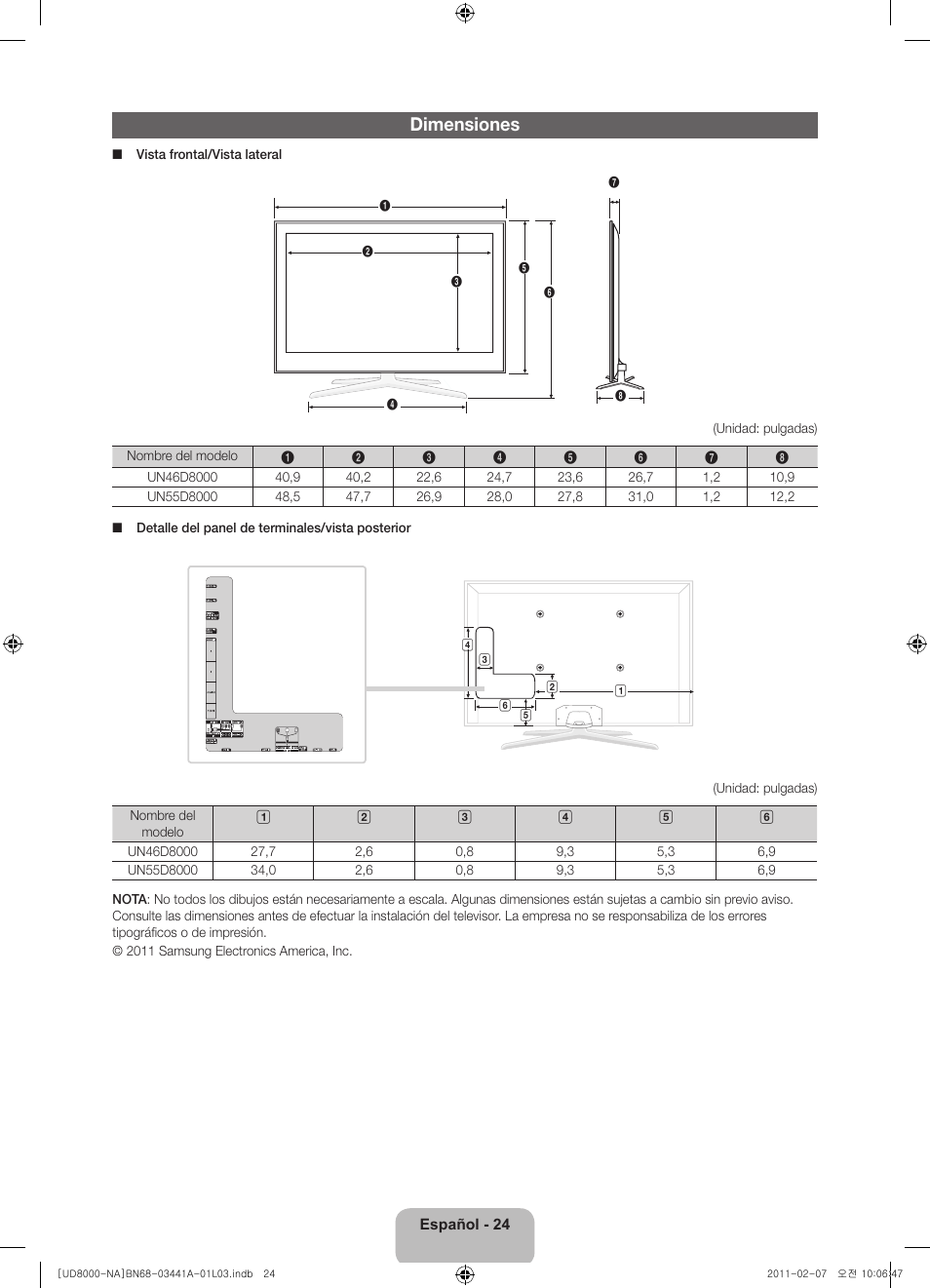 Dimensiones | Samsung UN55D8000YFXZA User Manual | Page 48 / 73