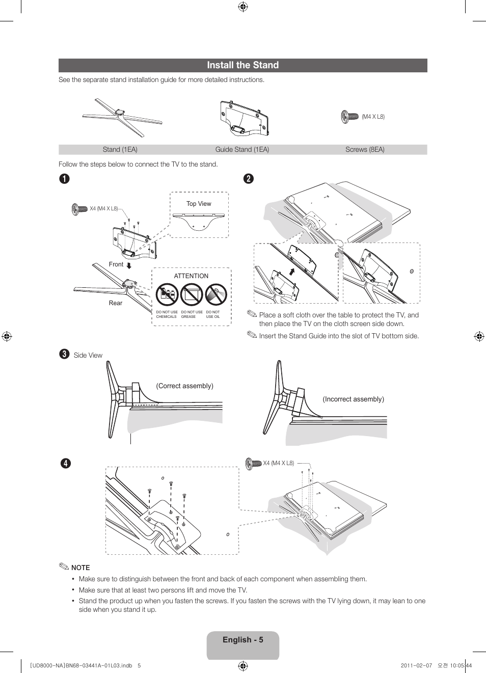 Install the stand | Samsung UN55D8000YFXZA User Manual | Page 5 / 73