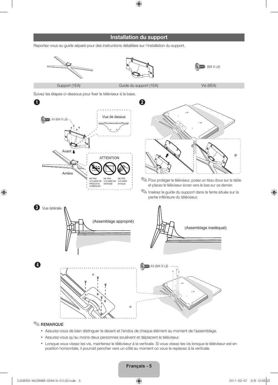 Installation du support | Samsung UN55D8000YFXZA User Manual | Page 53 / 73