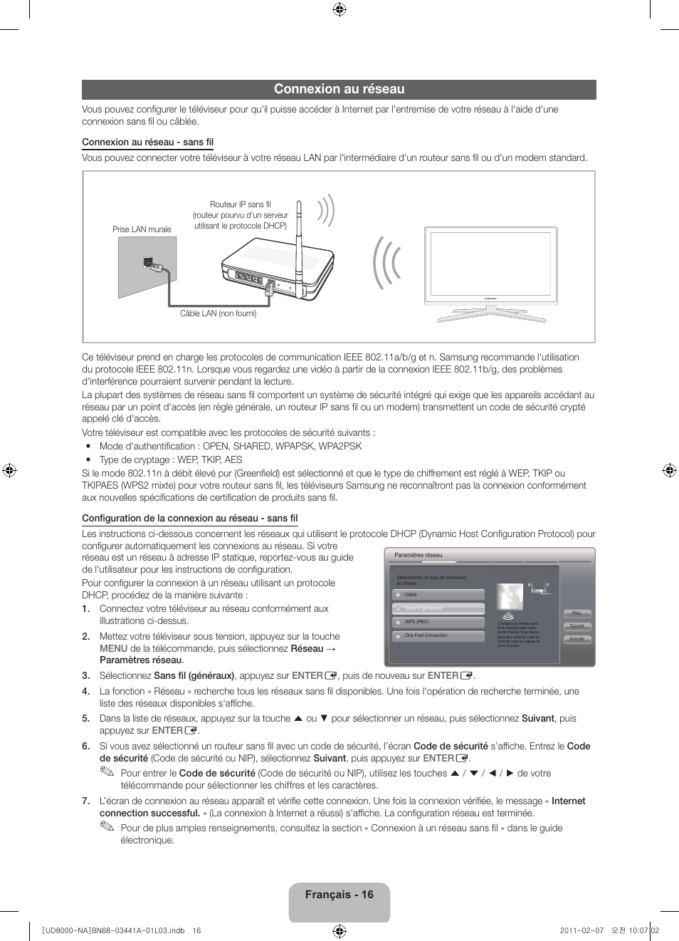 Connexion au réseau | Samsung UN55D8000YFXZA User Manual | Page 64 / 73