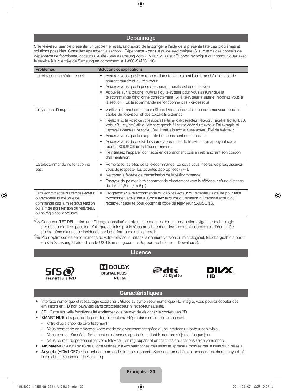 Dépannage, Licence caractéristiques | Samsung UN55D8000YFXZA User Manual | Page 68 / 73