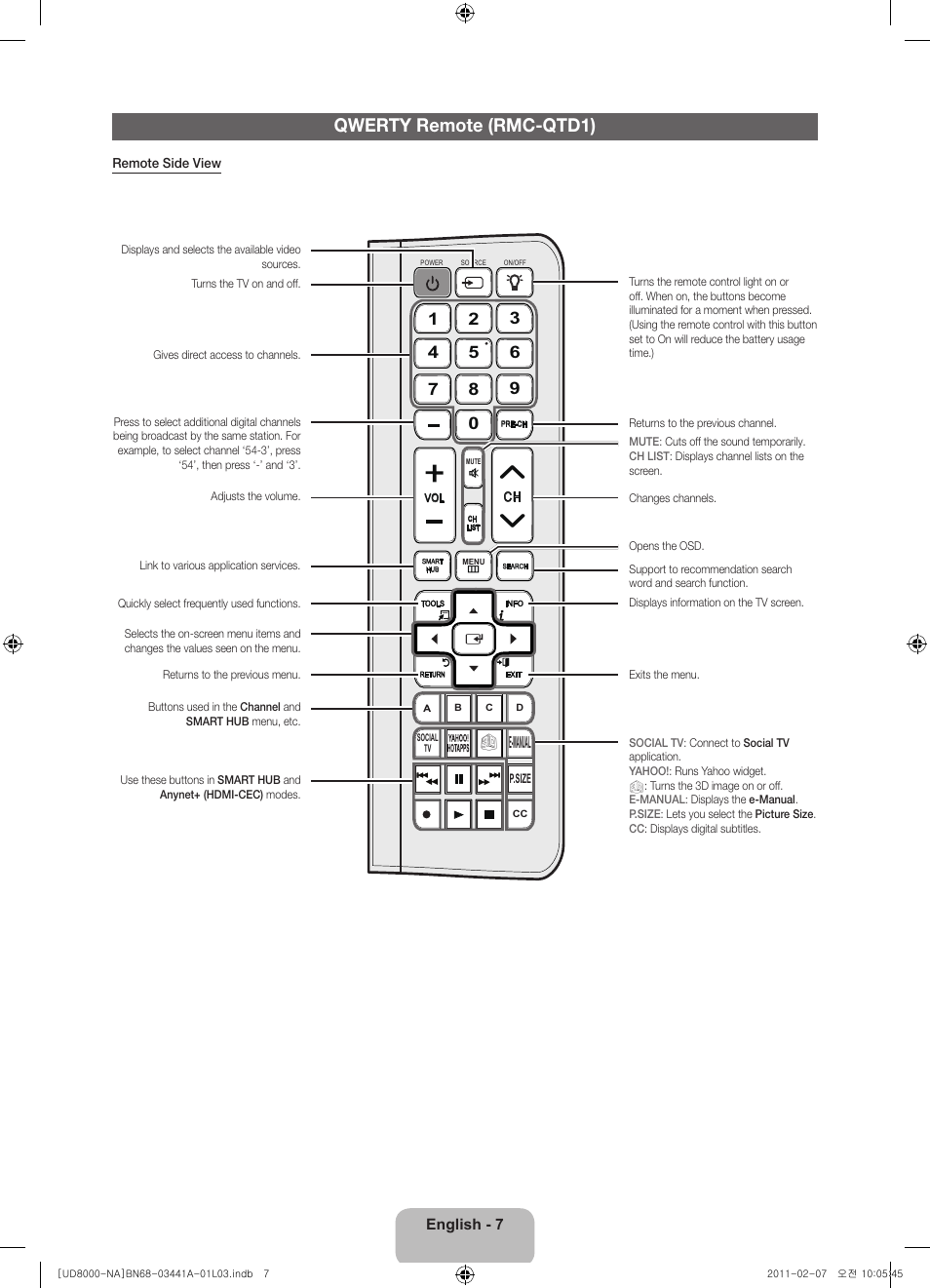 Qwerty remote (rmc-qtd1), E-manual | Samsung UN55D8000YFXZA User Manual | Page 7 / 73