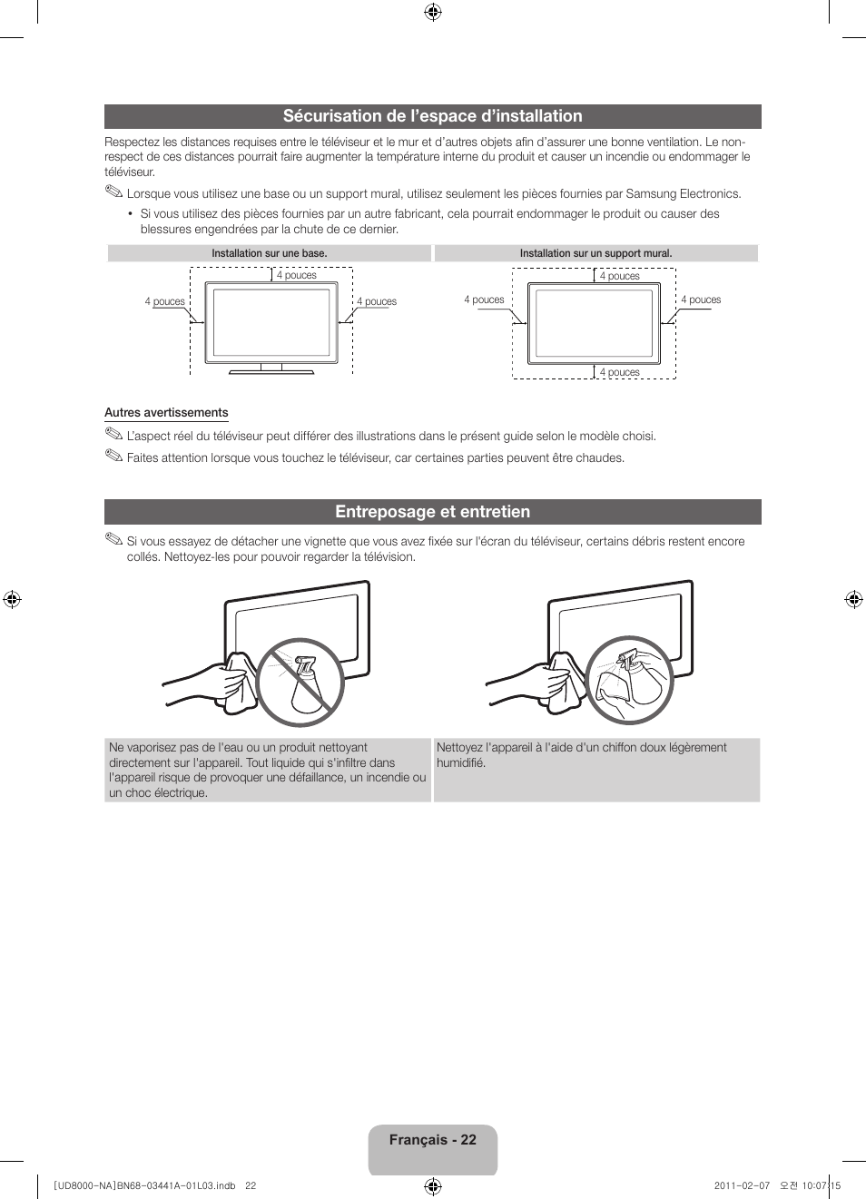 Sécurisation de l’espace d’installation, Entreposage et entretien | Samsung UN55D8000YFXZA User Manual | Page 70 / 73