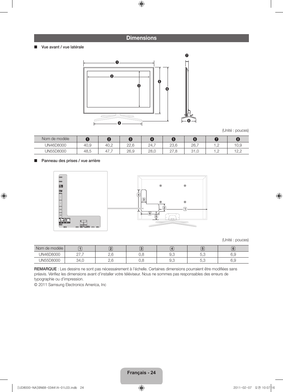 Dimensions | Samsung UN55D8000YFXZA User Manual | Page 72 / 73