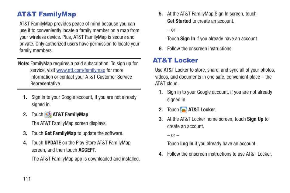 At&t familymap, At&t locker, At&t familymap at&t locker | Samsung SGH-I257ZKAATT User Manual | Page 118 / 203