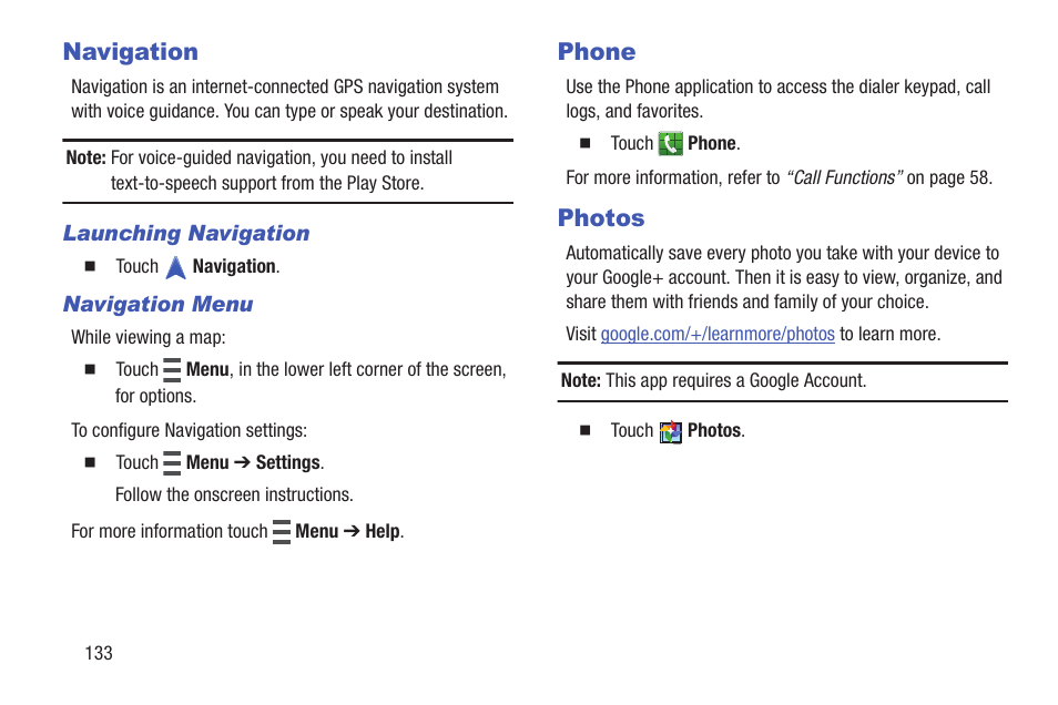 Navigation, Phone, Photos | Navigation phone photos | Samsung SGH-I257ZKAATT User Manual | Page 140 / 203