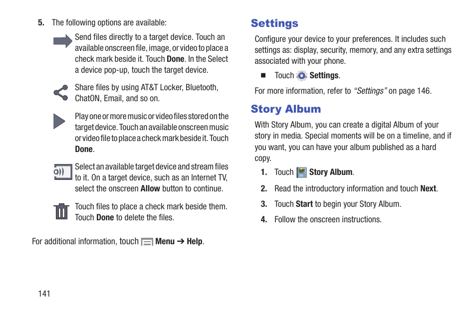 Settings, Story album, Settings story album | Samsung SGH-I257ZKAATT User Manual | Page 148 / 203