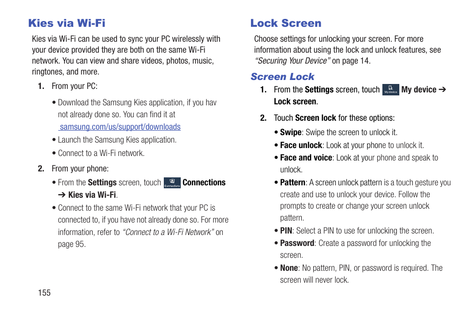 Kies via wi-fi, Lock screen, Kies via wi-fi lock screen | Samsung SGH-I257ZKAATT User Manual | Page 162 / 203