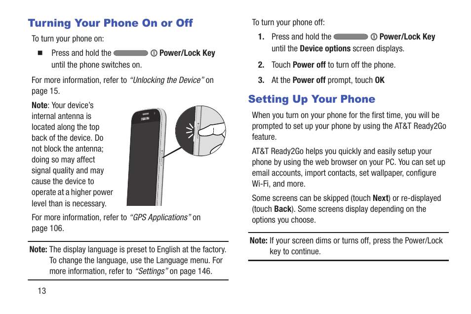 Turning your phone on or off, Setting up your phone, Turning your phone on or off setting up your phone | Samsung SGH-I257ZKAATT User Manual | Page 20 / 203