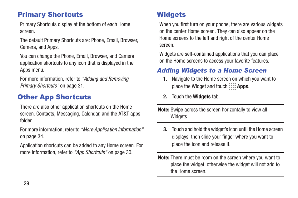 Primary shortcuts, Other app shortcuts, Widgets | Primary shortcuts other app shortcuts widgets | Samsung SGH-I257ZKAATT User Manual | Page 36 / 203