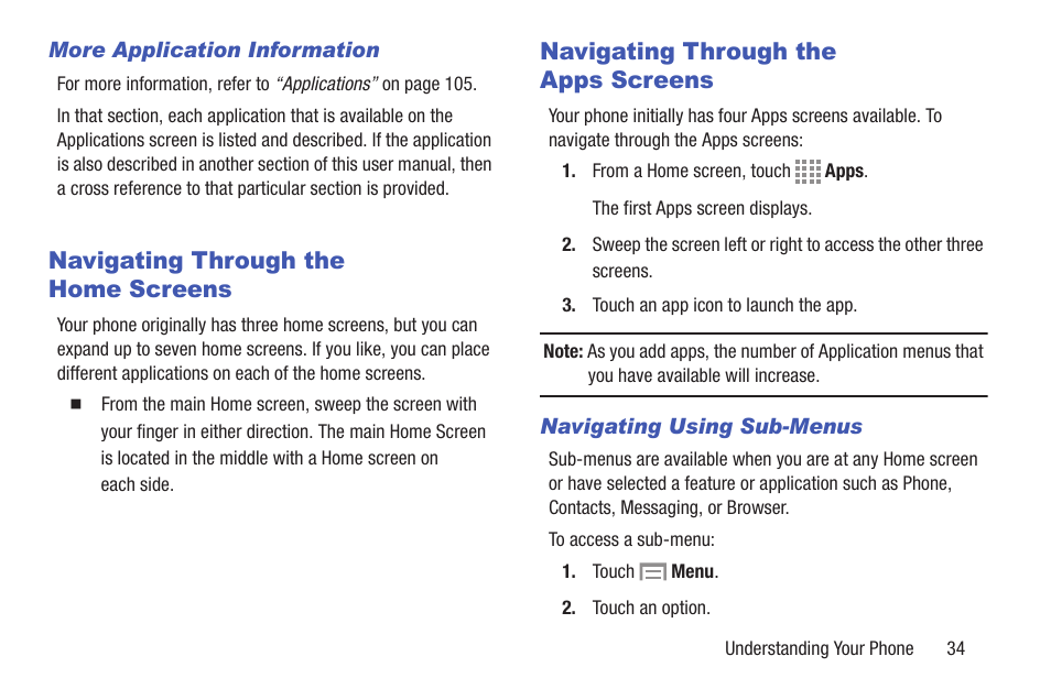 Navigating through the home screens, Navigating through the apps screens | Samsung SGH-I257ZKAATT User Manual | Page 41 / 203