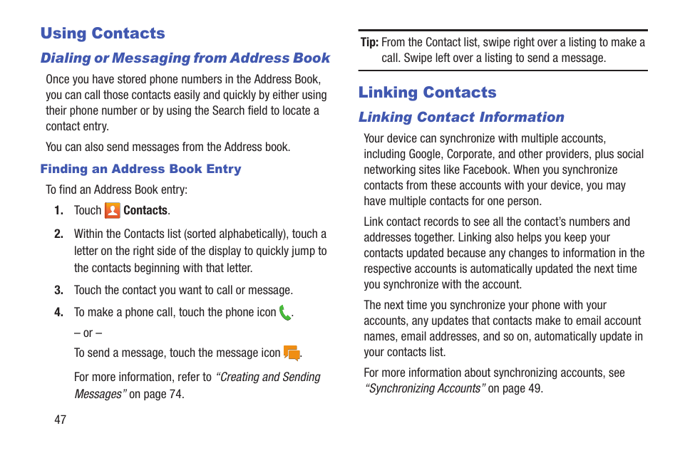 Using contacts, Linking contacts, Using contacts linking contacts | Samsung SGH-I257ZKAATT User Manual | Page 54 / 203