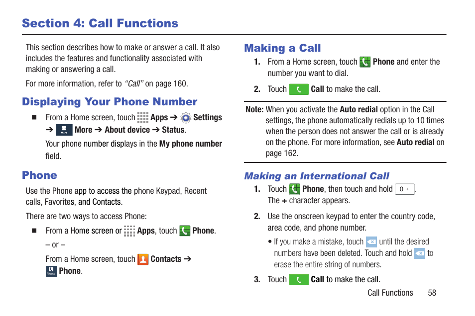 Section 4: call functions, Displaying your phone number, Phone | Making a call, Displaying your phone number phone making a call | Samsung SGH-I257ZKAATT User Manual | Page 65 / 203