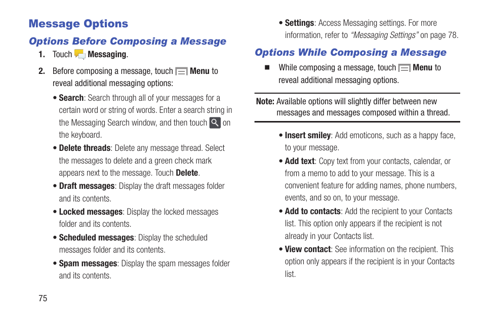 Message options | Samsung SGH-I257ZKAATT User Manual | Page 82 / 203