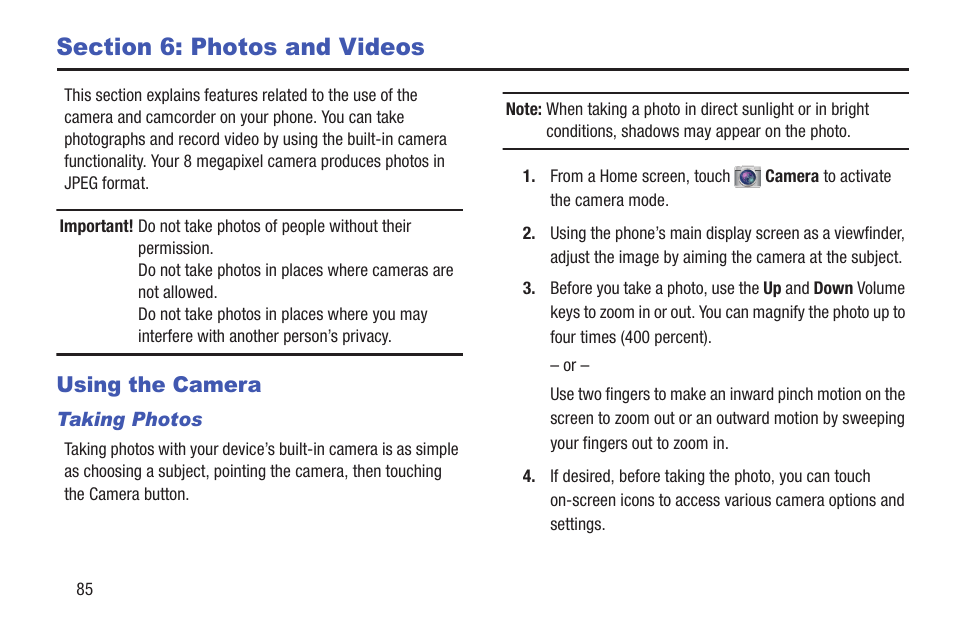 Section 6: photos and videos, Using the camera | Samsung SGH-I257ZKAATT User Manual | Page 92 / 203